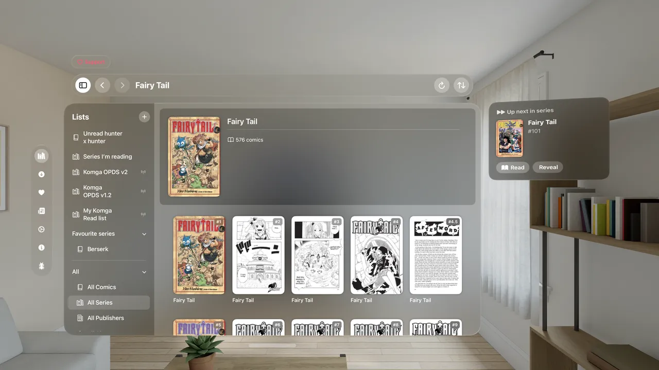 The 'Up next in series' card floating to the right of the Fairy Tail series view, showing the next issue (#101) with Read and Reveal buttons.