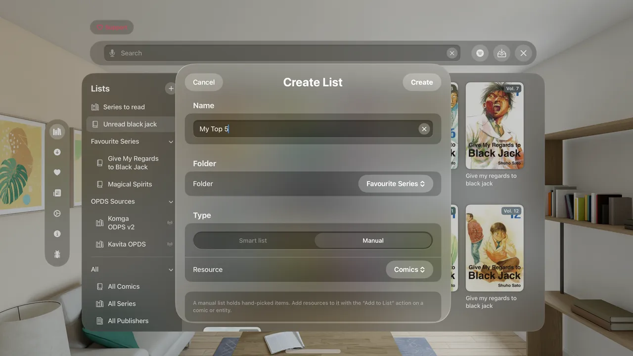 Comic Vision's Create List sheet: naming a manual list, choosing its folder, type, and what it holds.