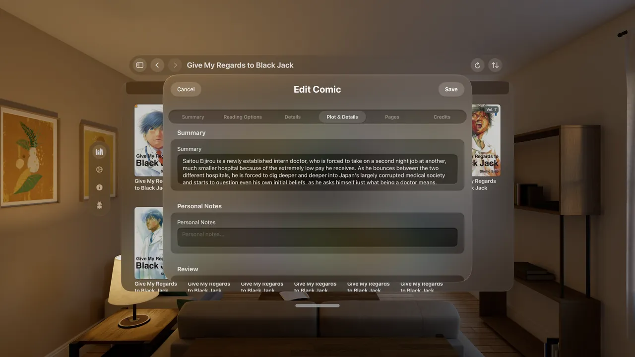 Comic Vision's metadata editor showing the full set of editable comic-level fields.