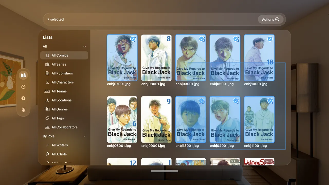 Marquee-selecting a group of volumes in Comic Vision's library.