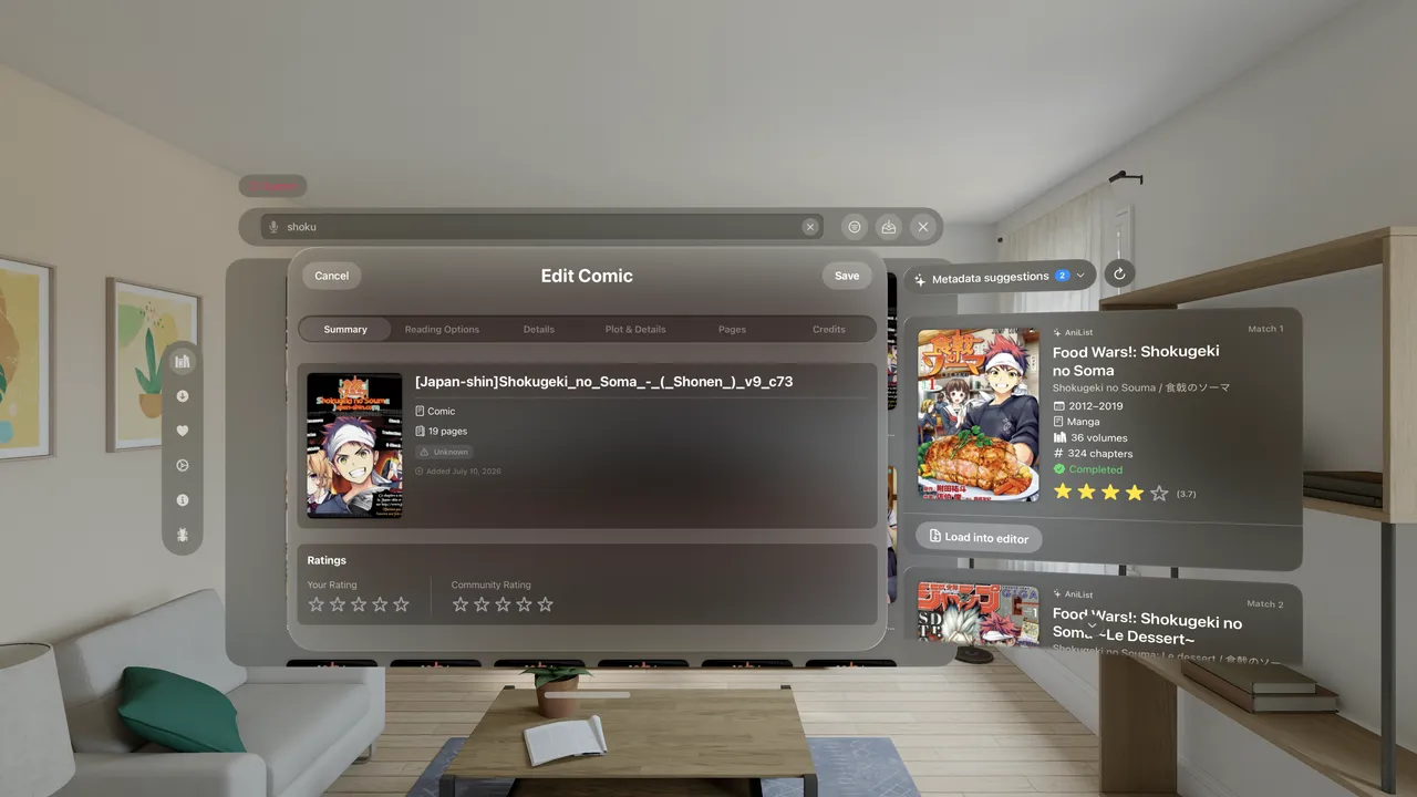 The Edit Comic screen for a messy, unidentified file named '[Japan-shin]Shokugeki_no_Soma...v9_c73' marked Unknown, with a Metadata suggestions panel proposing AniList matches. The top match is 'Food Wars!: Shokugeki no Soma' with a Load into editor button.