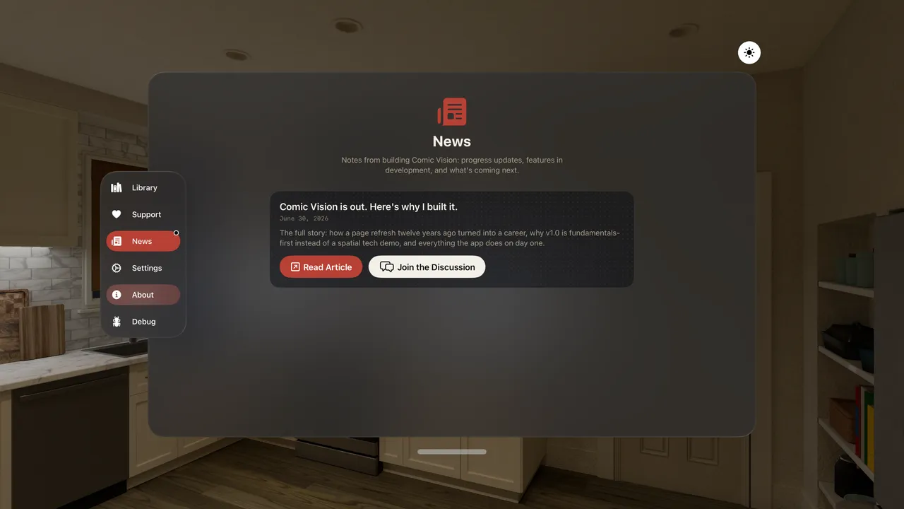 The themed News tab in dark mode: a deep ink glass pane with paper text, and the expanded sidebar with News selected in vermillion and the About row lit under the gaze.