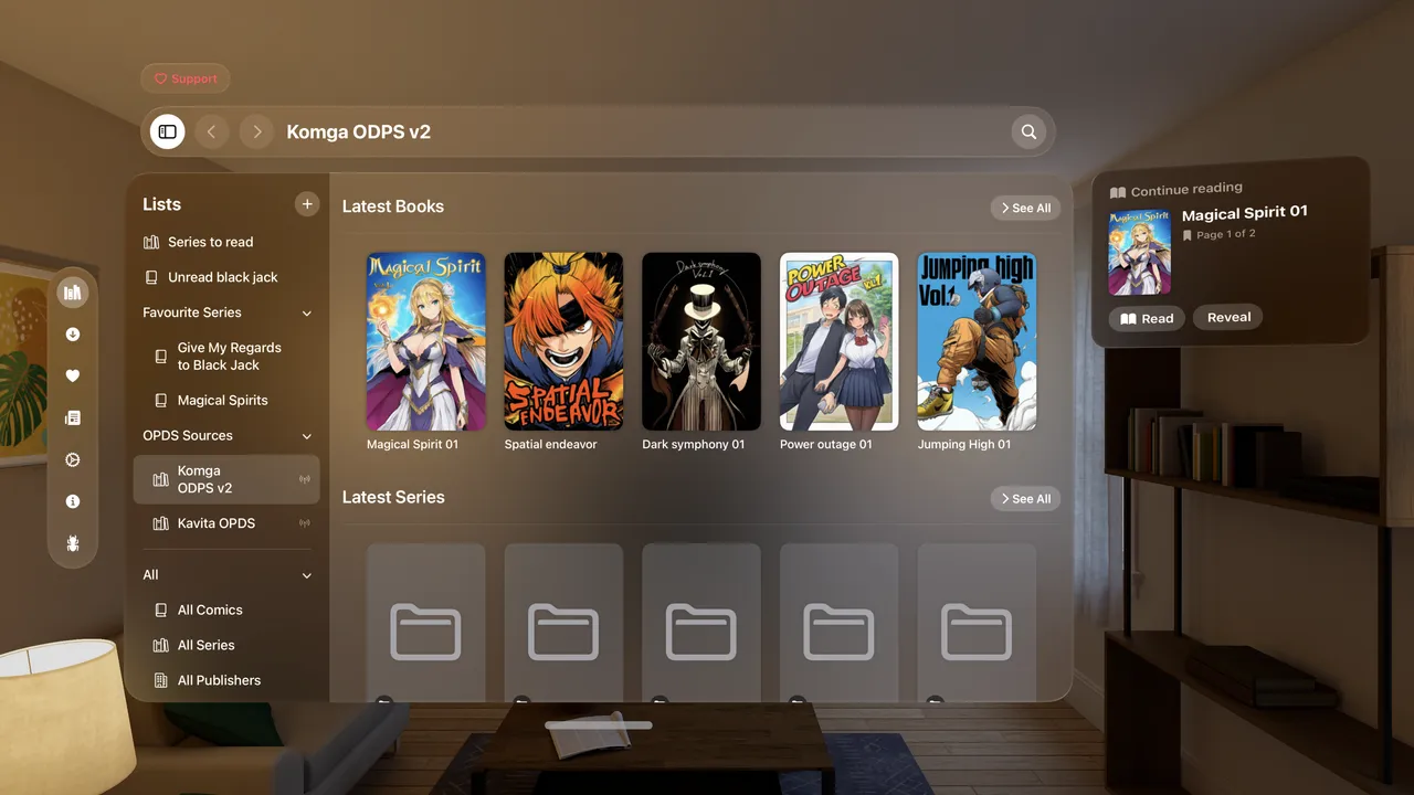 Browsing a connected Komga OPDS catalog in Comic Vision, its latest books and series alongside a Continue Reading card for a book on the server.