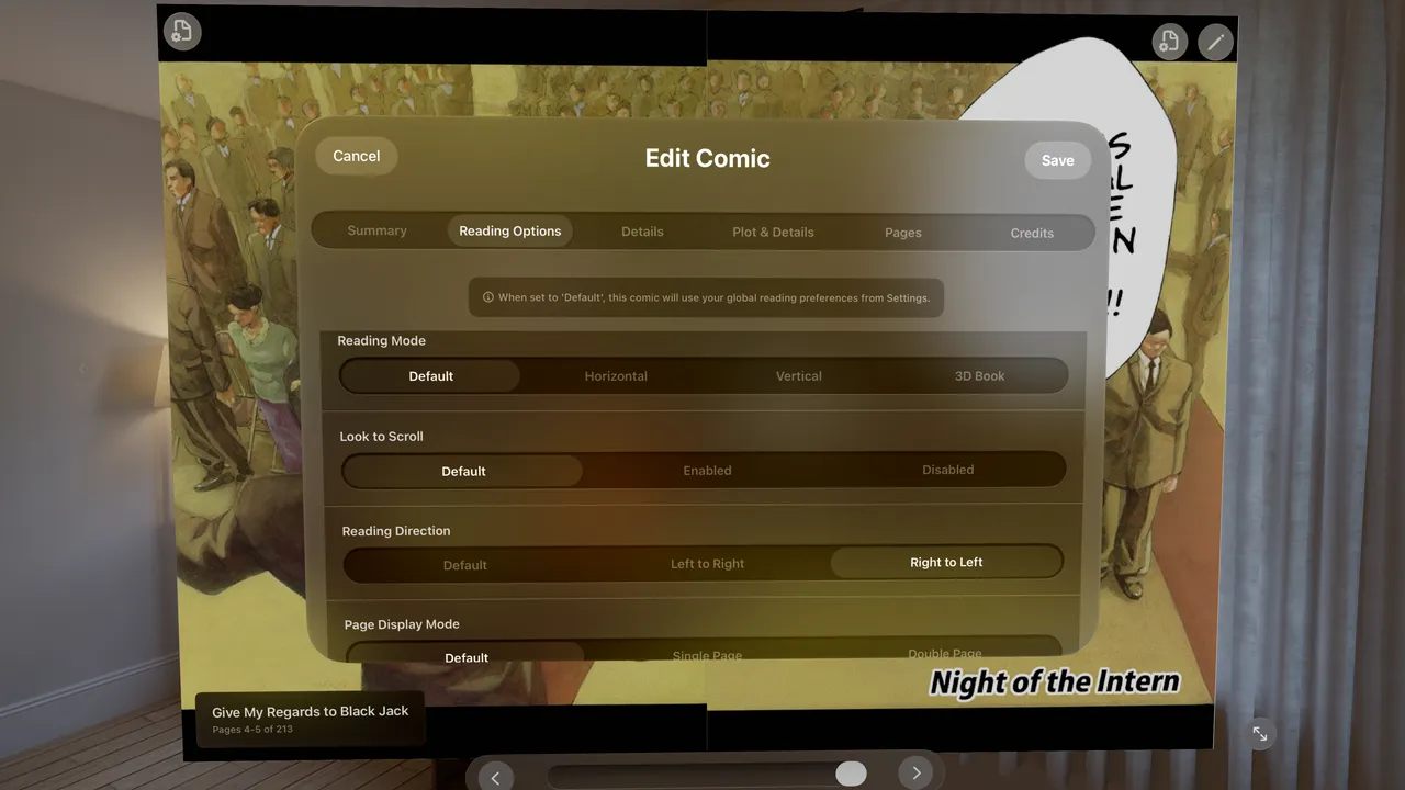 Comic Vision's per-comic reading options: reading mode, direction, and page-display overrides for a single volume.