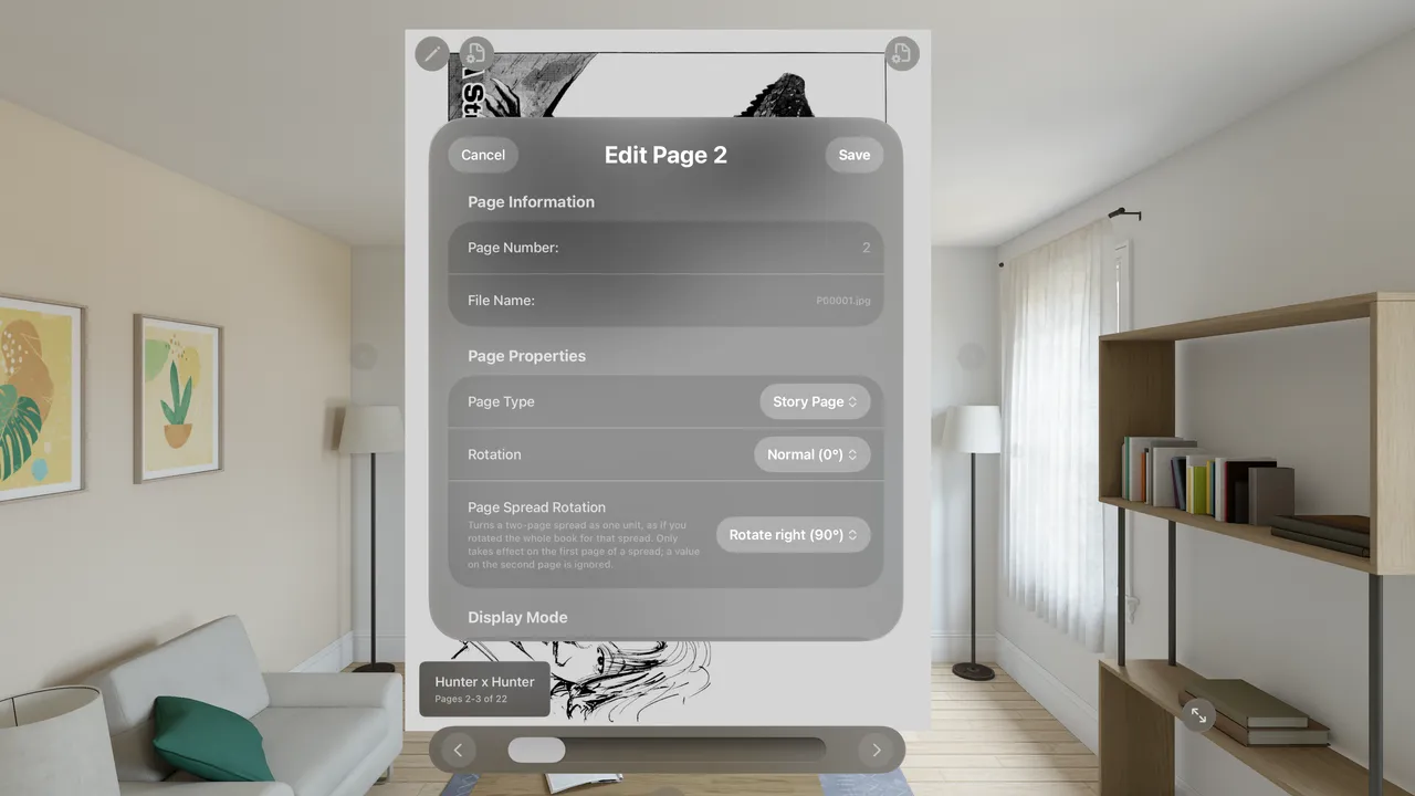 The Edit Page 2 sheet in the Comic Vision reader. Under Page Properties, Page Spread Rotation is set to Rotate right (90°), with a note that it turns a two-page spread as one unit and only takes effect on the first page of a spread. Behind the sheet, the Hunter x Hunter spread is already turned sideways in the tall reader window.